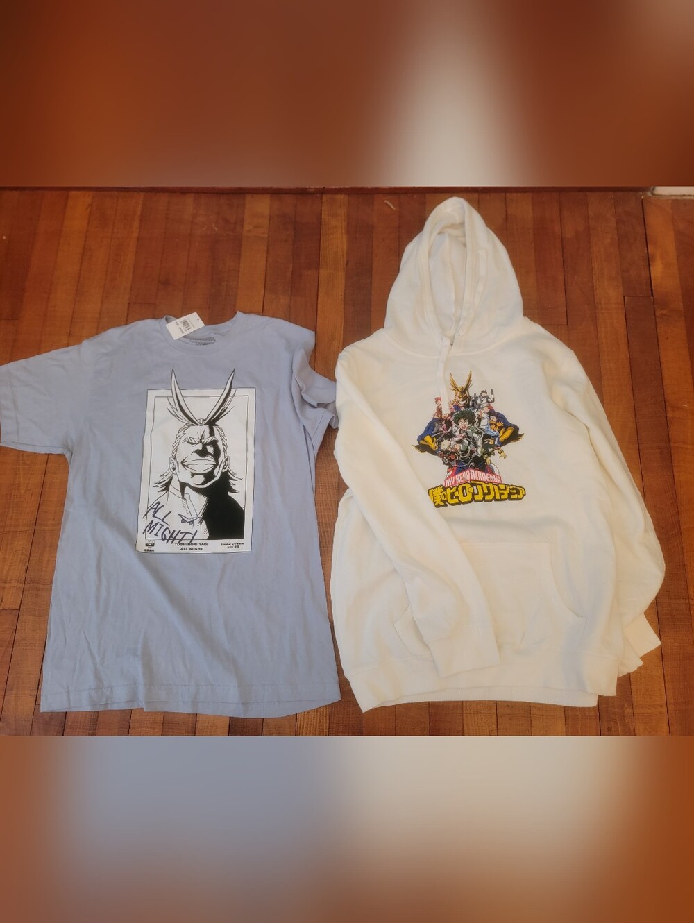 Mens Large Bundle Graphic Light Blue Tee and Cream Hoodie Set - Anime Print